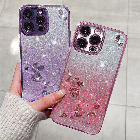 [PG04] Pinkocase Gradient glitter pink/Purple Color bling bling flowers Phone Case For iPhone 15promax/14promax/13promax/13/13pro Phone cases