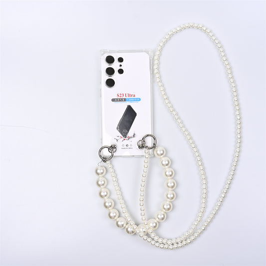 [AS09]Pinko Case Clear Soft Sicilon Case With Crossbody & Hand Pearl Double Chains For Samsung S22-S24Ultra